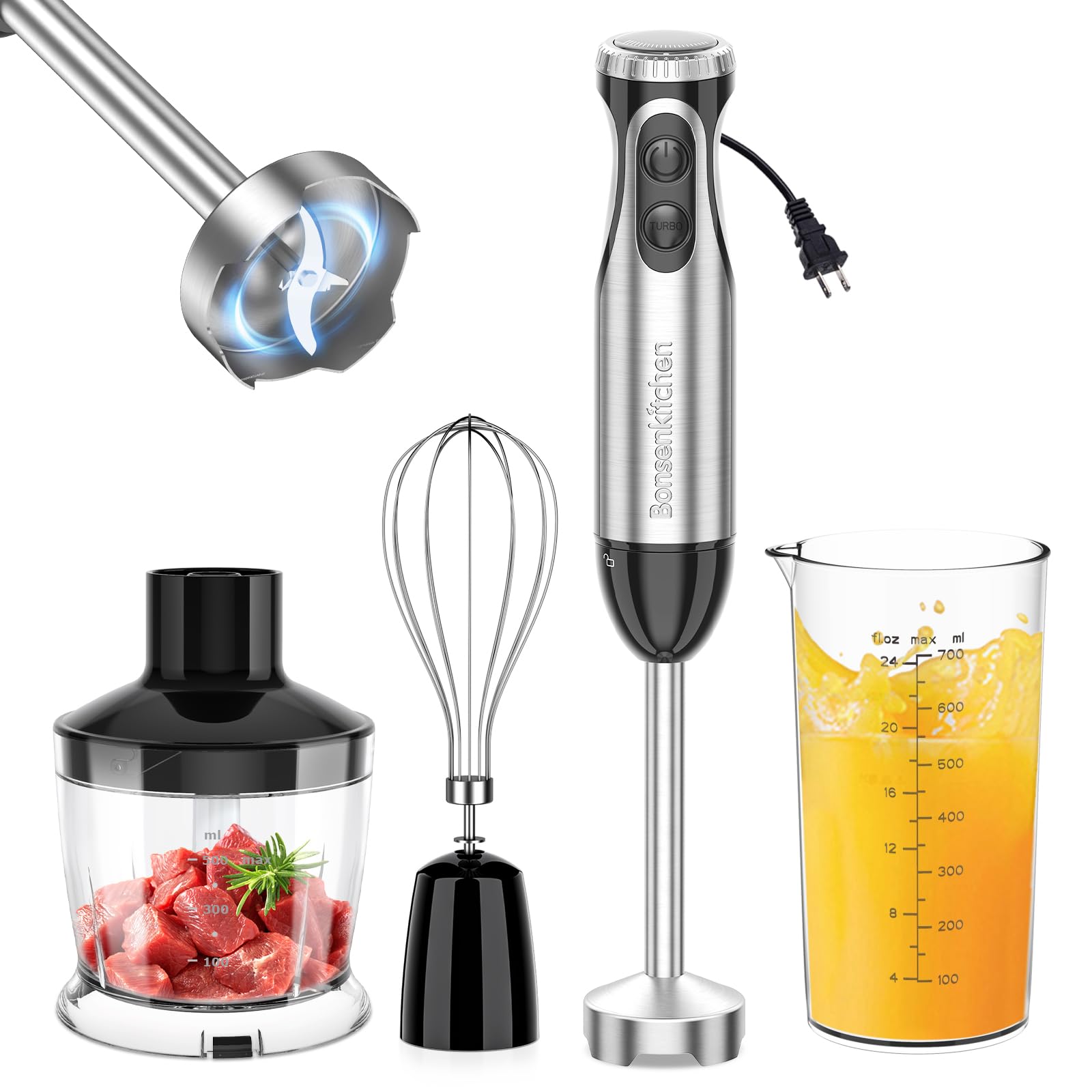 Bonsenkitchen Immersion Blender Handheld with Food Processor, 20 Speeds Hand Ble