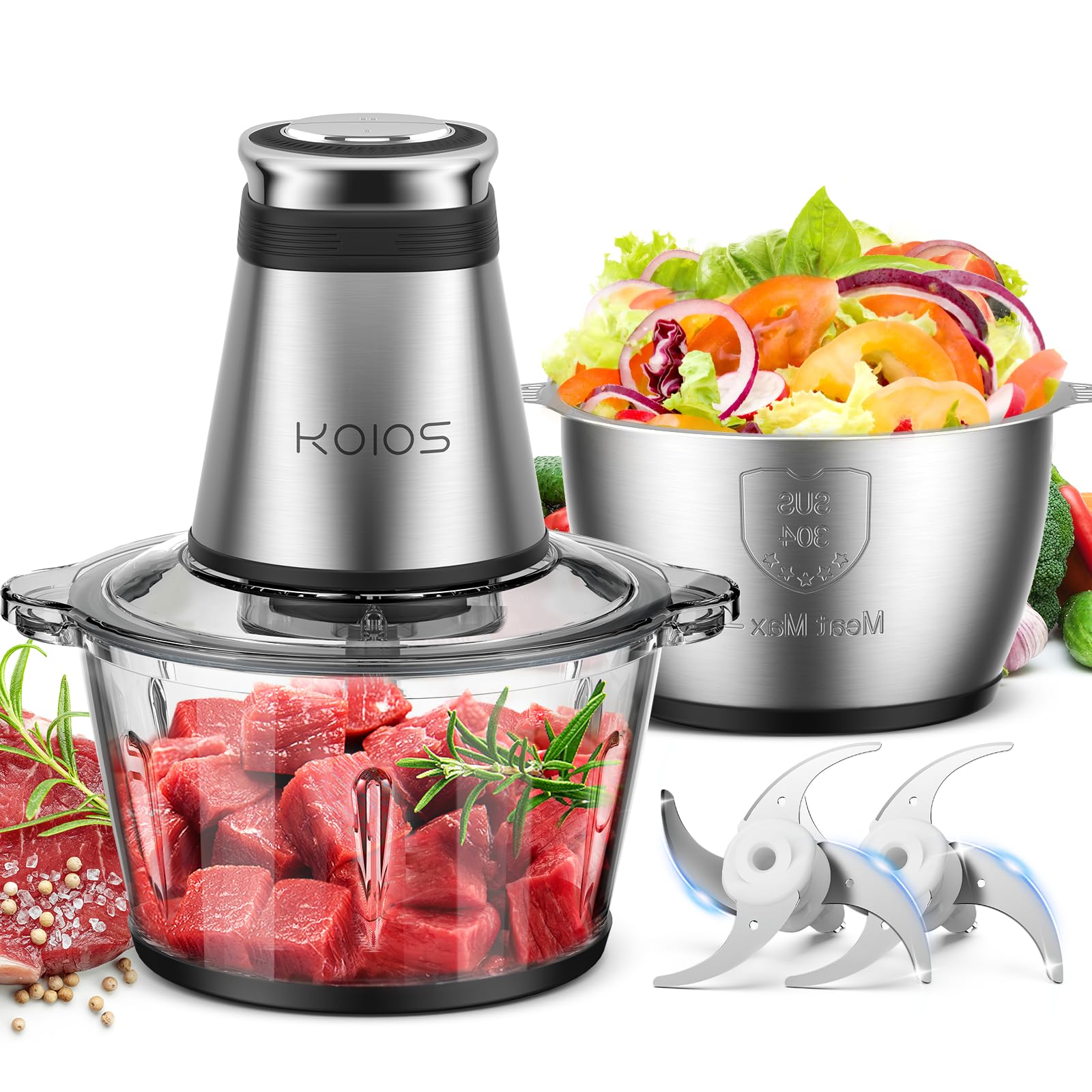 KOIOS Food Processor, 500W Electric Food Chopper with 2 Bowls  & 2 Bi-Level Blad