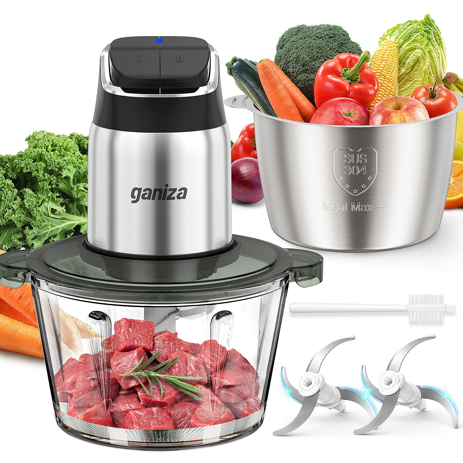 Ganiza Food Processor, 2-Speed Food Chopper Meat Grinder with 8 Cup Stainless St