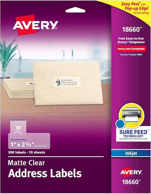 Printable Matte Clear Address Labels with Sure Feed, 300 Blank Mailing