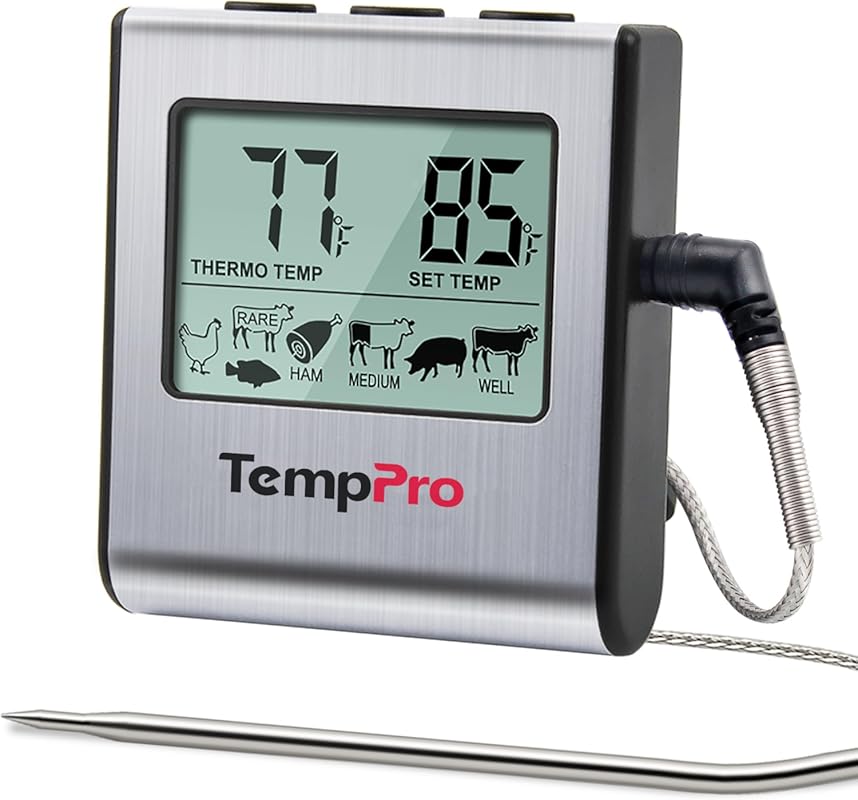 TempPro TP16 Digital Meat Thermometer with Large LCD, Clock Timer, and