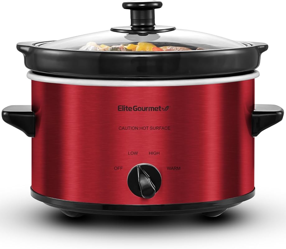 Elite Gourmet 2-Quart Oval Slow Cooker, Metallic Red, Adjustable Temp,
