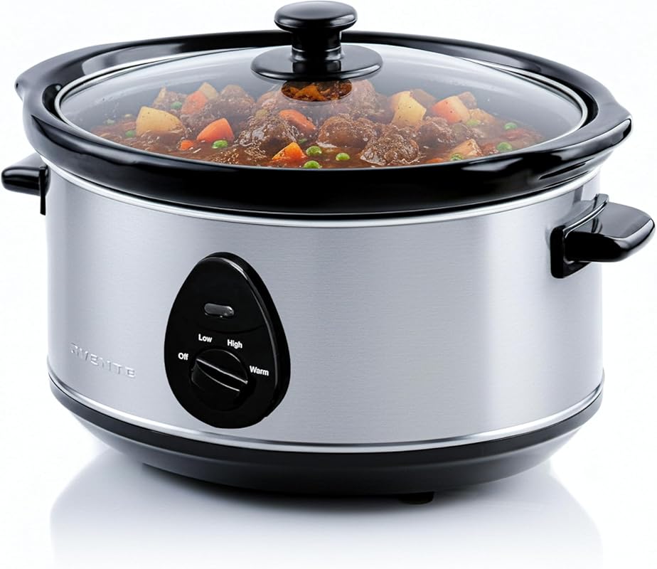 OVENTE 3.7 Qt Oval Electric Slow Cooker Silver with 3 Settings, Stoneware Pot