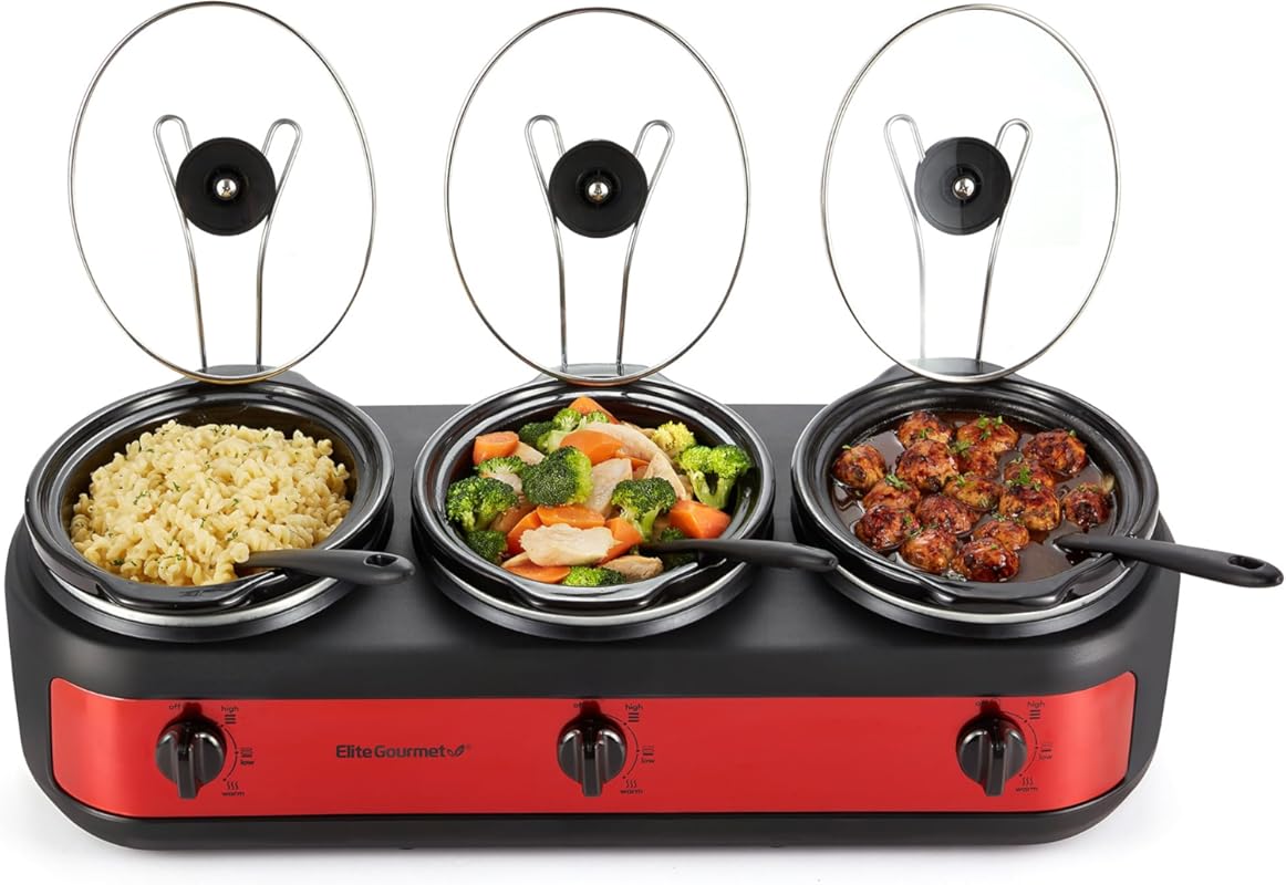 Elite Gourmet 3 x 2.5 Qt Triple Slow Cooker Buffet Server, Red, Oval C