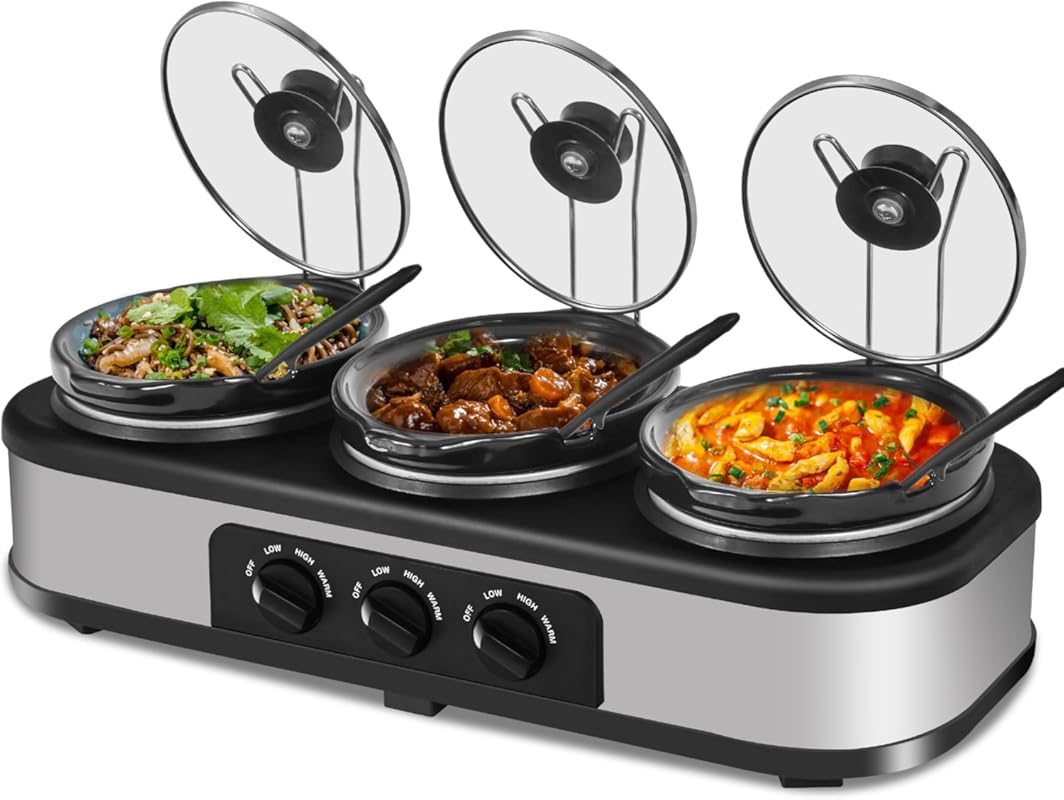 Triple Slow Cooker Buffet Server with Warming Station and Removable Po