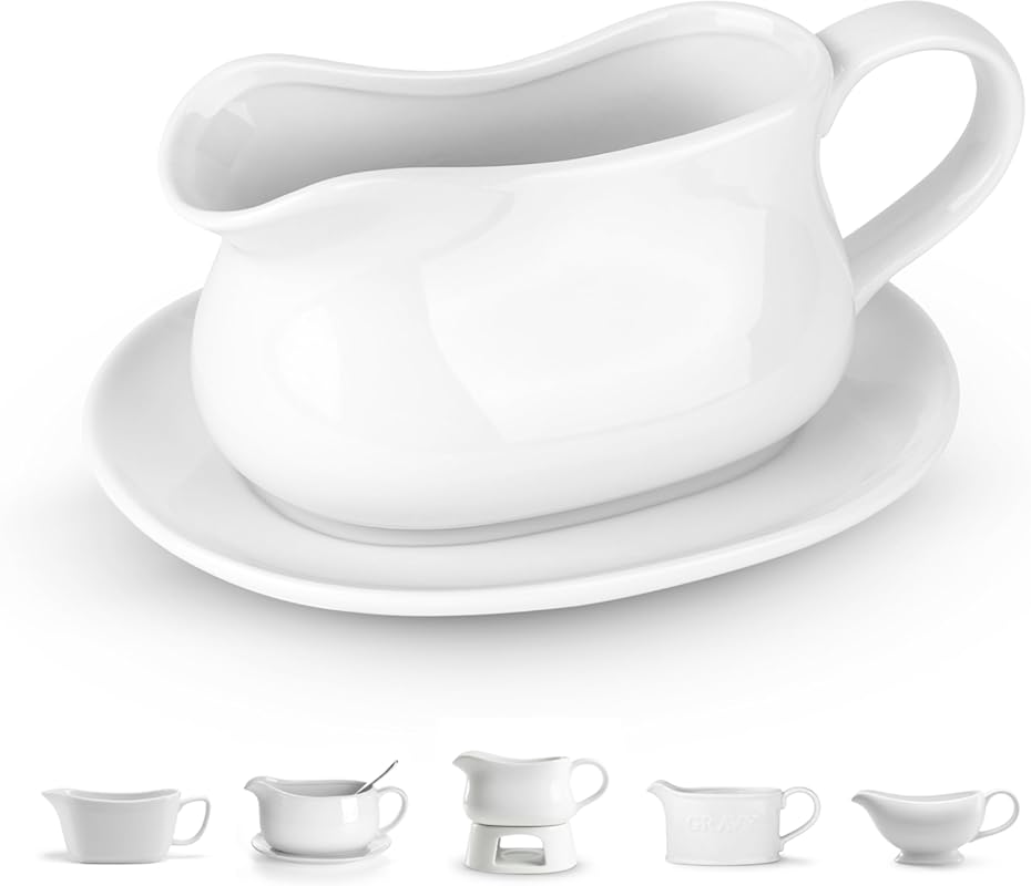 Kook 17 oz Ceramic Gravy Boat & Saucer with Tray, Large Handle, White