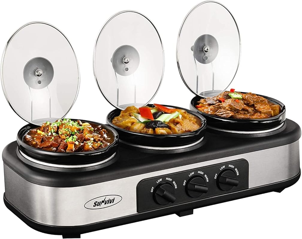 Sunvivi Triple Slow Cooker Buffet Server, 3-Section 4.5QT Food Warmer