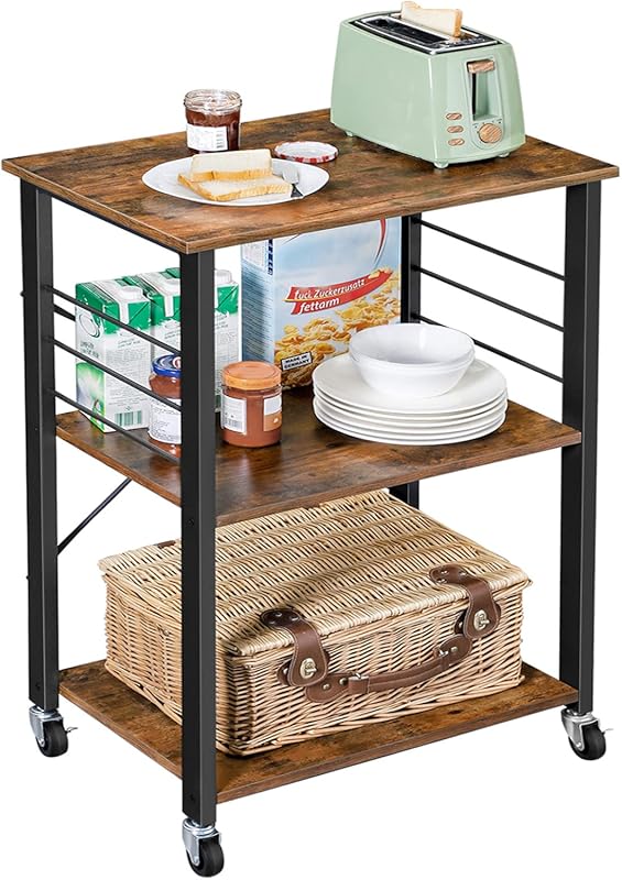 VASAGLE Industrial 3-Tier Kitchen Serving Cart with Wheels, Microwave 