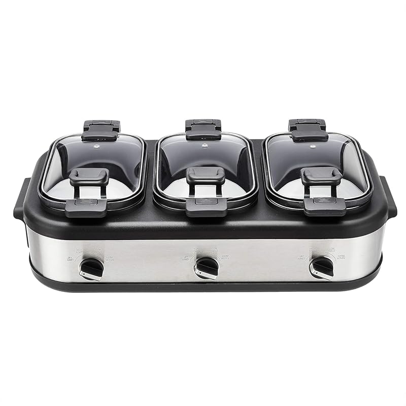 Amazon Basics Stainless Steel Triple Slow Cooker, 3 x 2.5 Quart Pots,