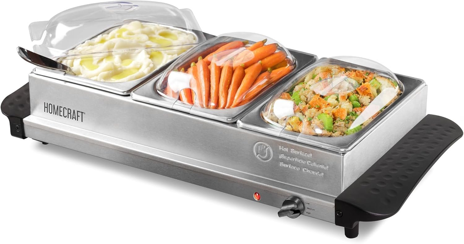 HomeCraft 3-Station Buffet Server, 1.5-Quart Stainless Steel Slow Cook