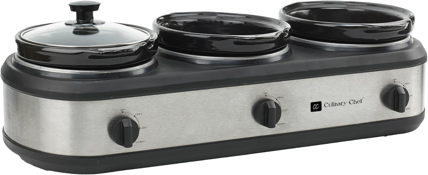 CULINARY CHEF Stainless Steel Triple Slow Cooker Buffet Server, 3-Pot 