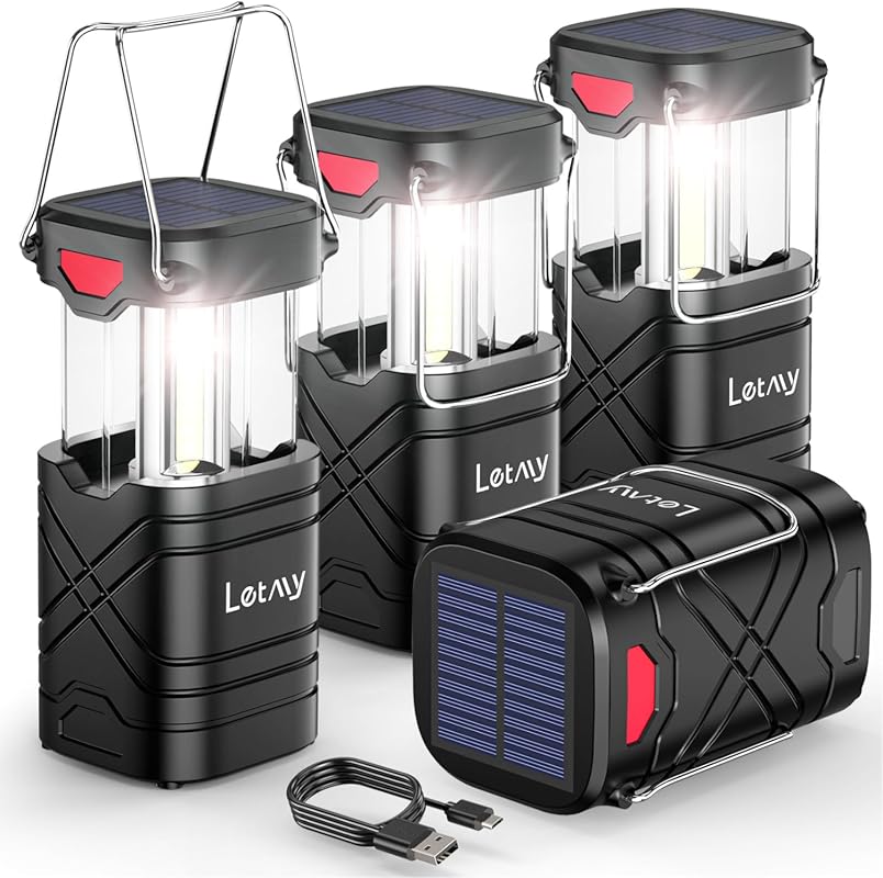 LETMY 4 Pack Rechargeable LED Camping Lanterns: Solar, Battery Powered