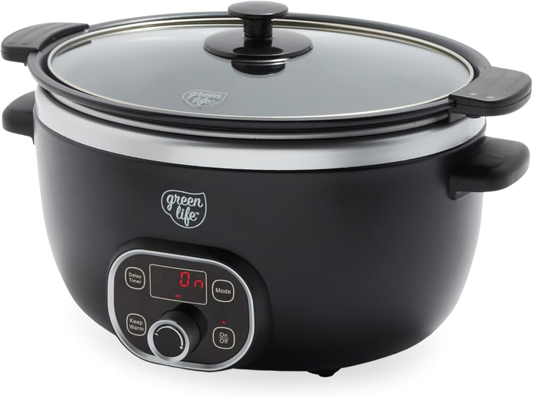 GreenLife 6QT Black Programmable Slow Cooker, Non-Toxic Ceramic Nonsti