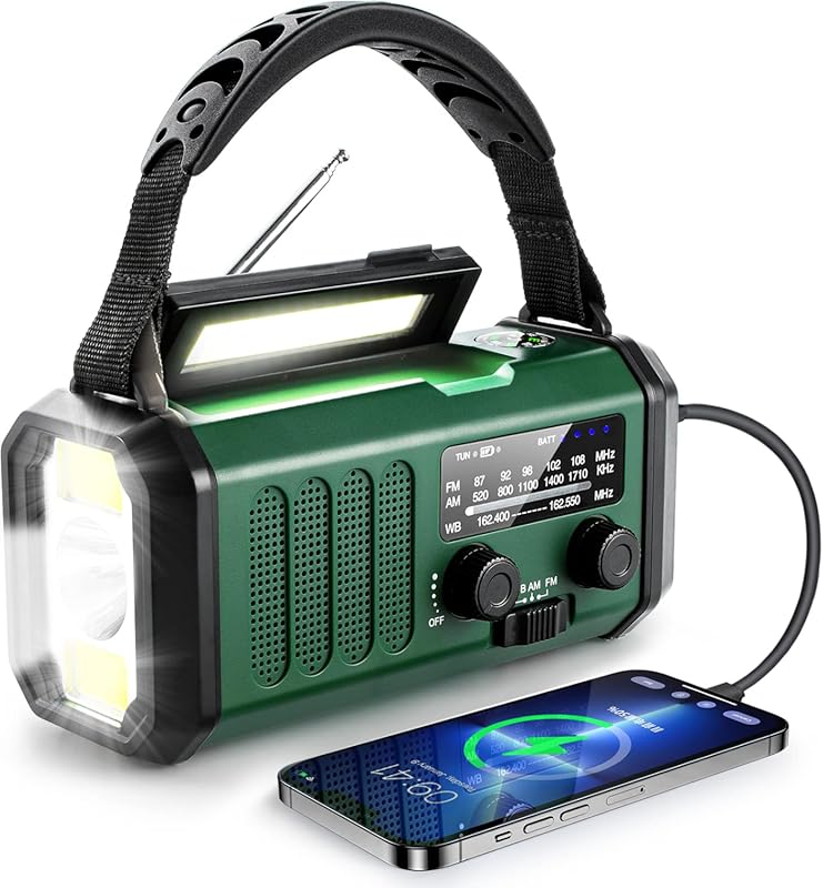 10000mAh Hand Crank Emergency Radio: NOAA AM/FM Solar Weather, Flashli