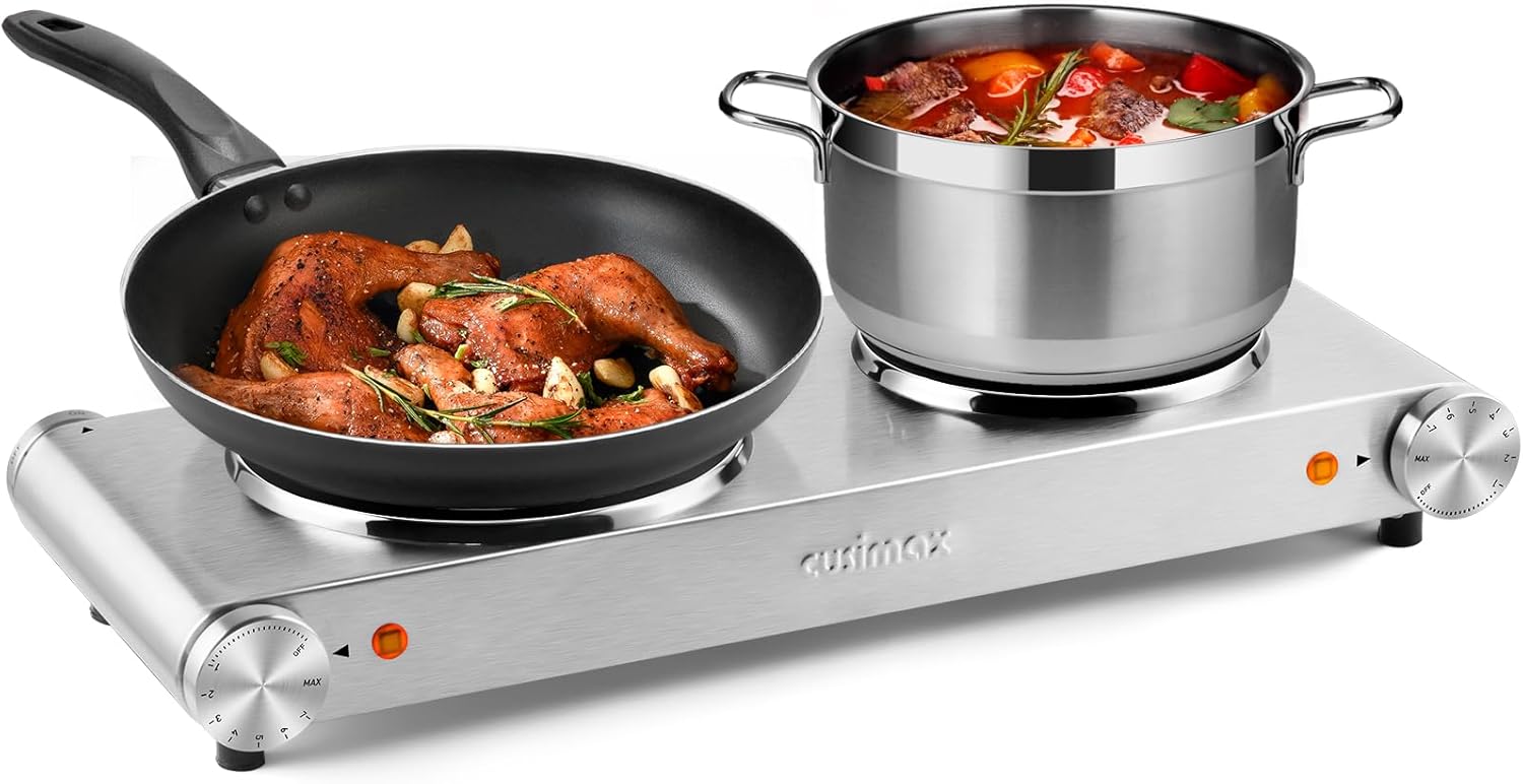 CUSIMAX 1800W Double Burner Electric Hot Plate with Cast Iron Plates, 