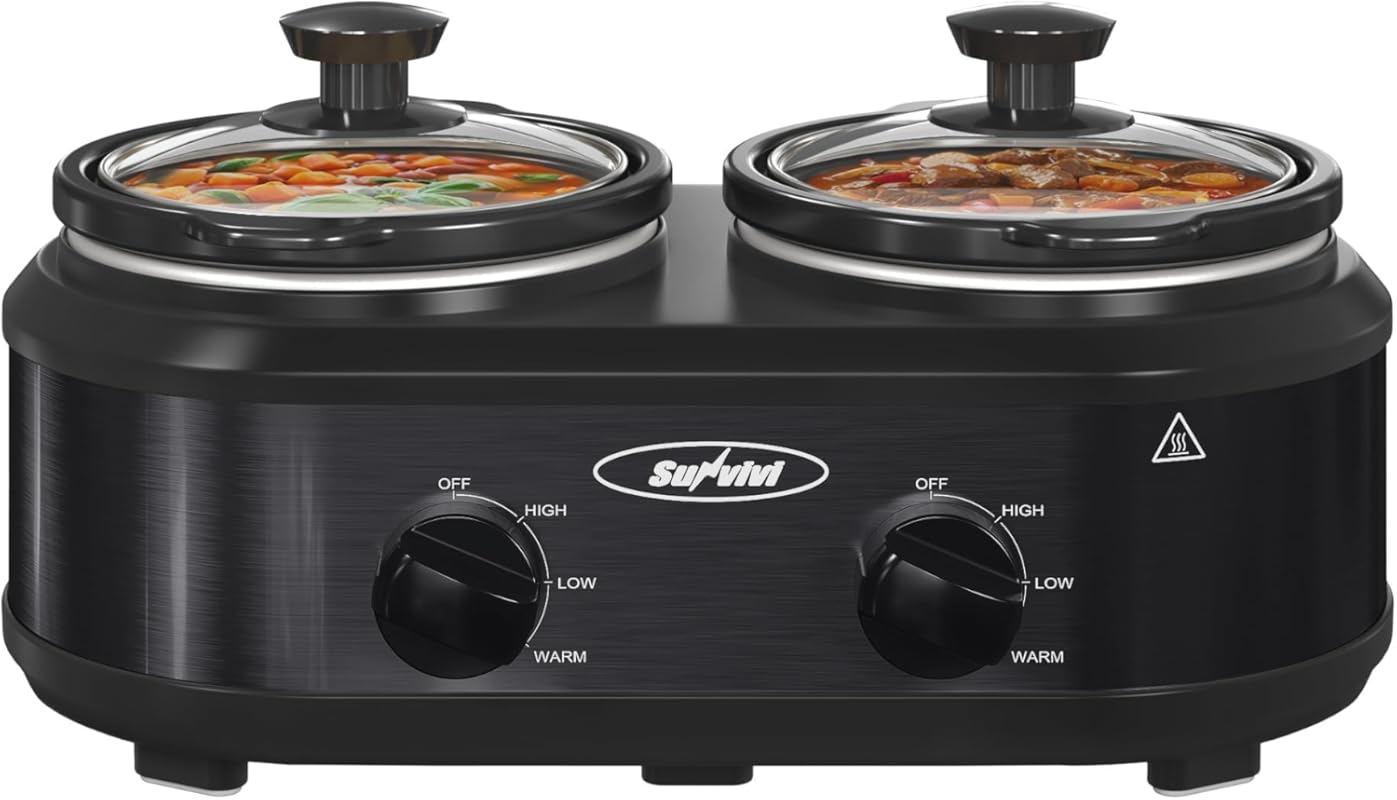 Sunvivi Double Slow Cooker: 2x1.25QT Oval Manual Pots, Adjustable Temp
