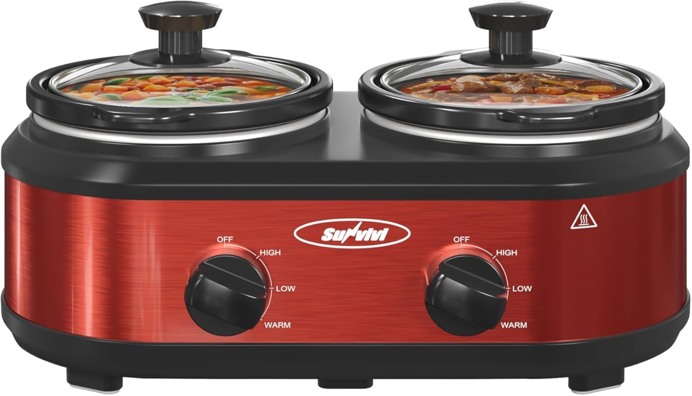 Sunvivi Red Dual Slow Cooker, 2.5 Qt Oval Pot Buffet Server & Warmer, 