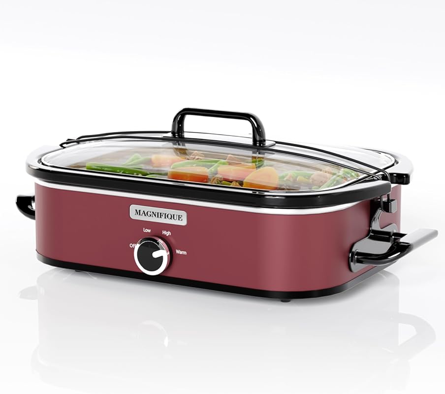 MAGNIFIQUE 4-Quart Red Manual Slow Cooker with Casserole Insert and Wa