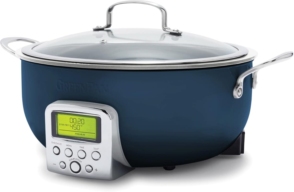 GreenPan Elite 6QT Electric Skillet Pot, Oxford Blue, with Sear & Cook