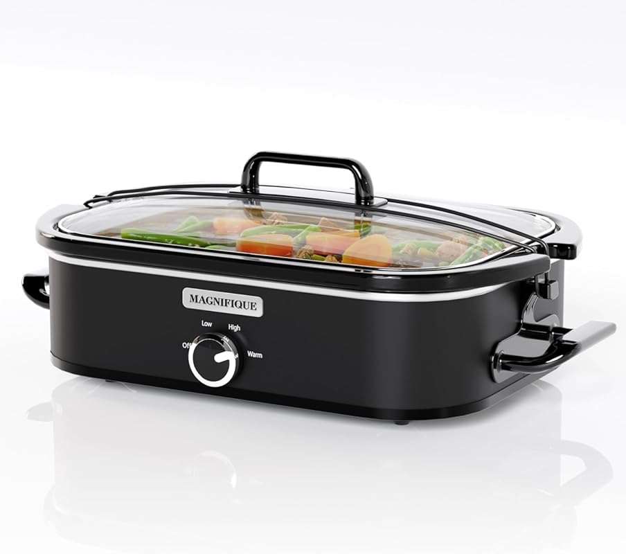 MAGNIFIQUE 4-Quart Black Slow Cooker with Casserole Dish, Manual Warm 