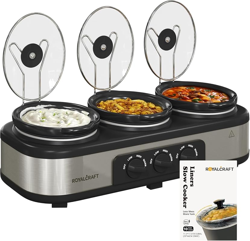 Sunvivi 3-Pot Slow Cooker Buffet Server with 10 Liners, 3 x 1.5 Qt Cap
