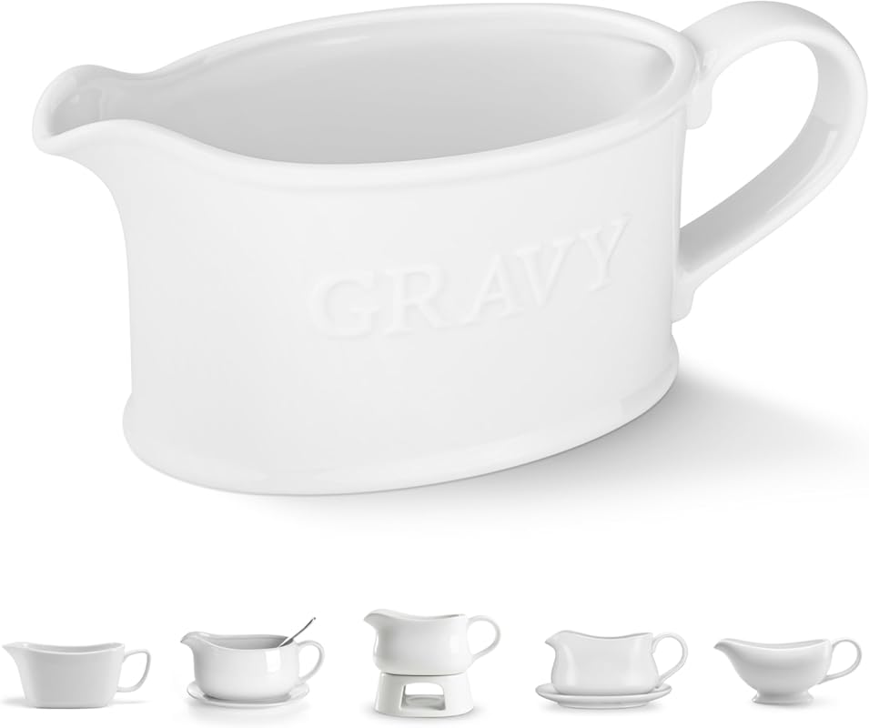 Kook 18 oz White Ceramic Gravy Boat, Serving Pitcher with Large Handle