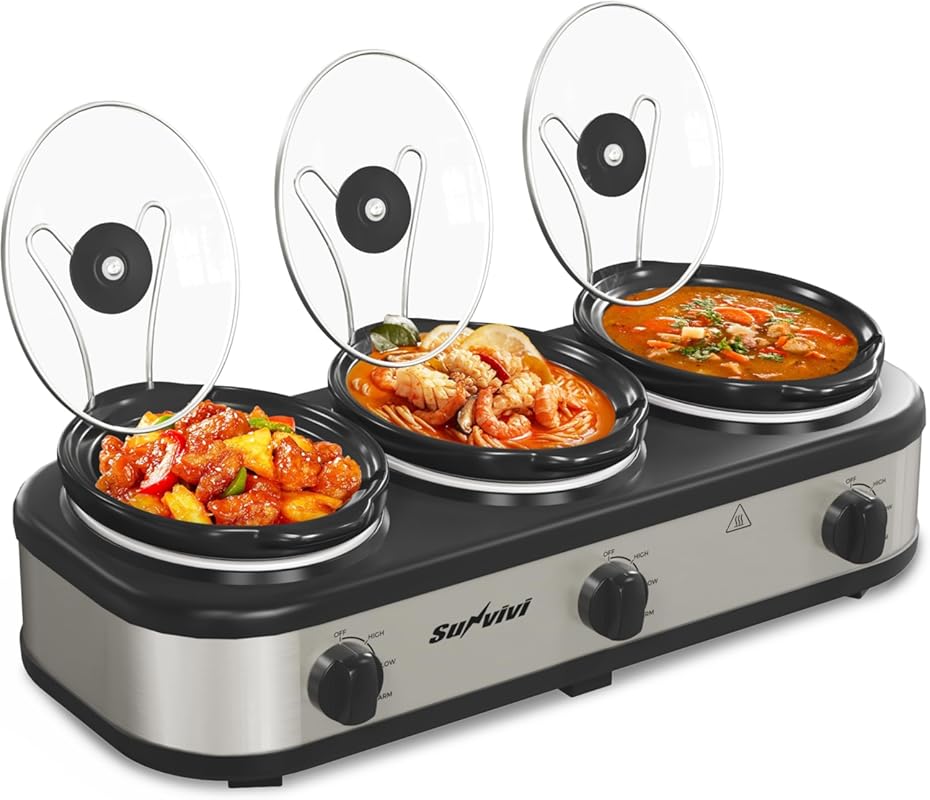 Sunvivi Triple Slow Cooker Buffet Server, 3x1.5 Qt Stainless Pots, Adj