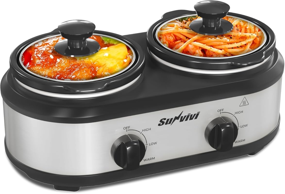 Sunvivi Dual 2.5 Qt Buffet Server Slow Cooker, 2 Mini Pots, Adjustable Temp