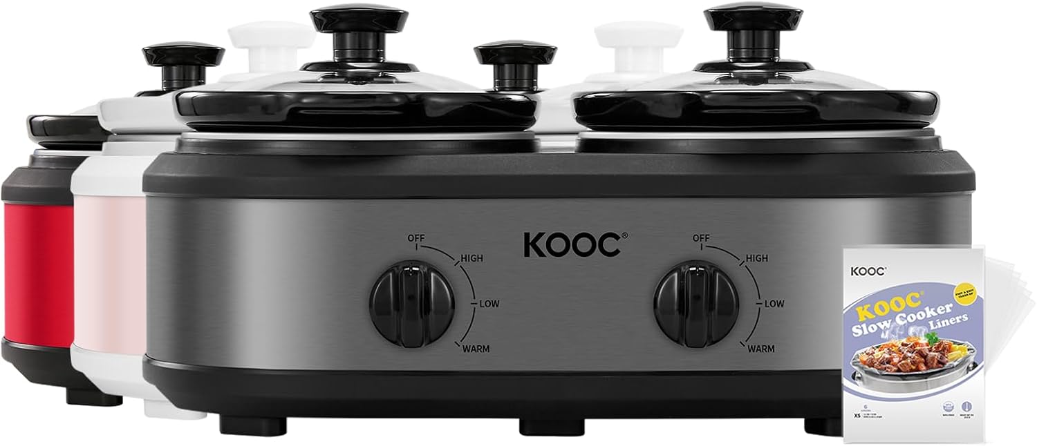 KOOC Double Small Slow Cooker, 2 Mini Pots, 3 Adjustable Temps, Buffet