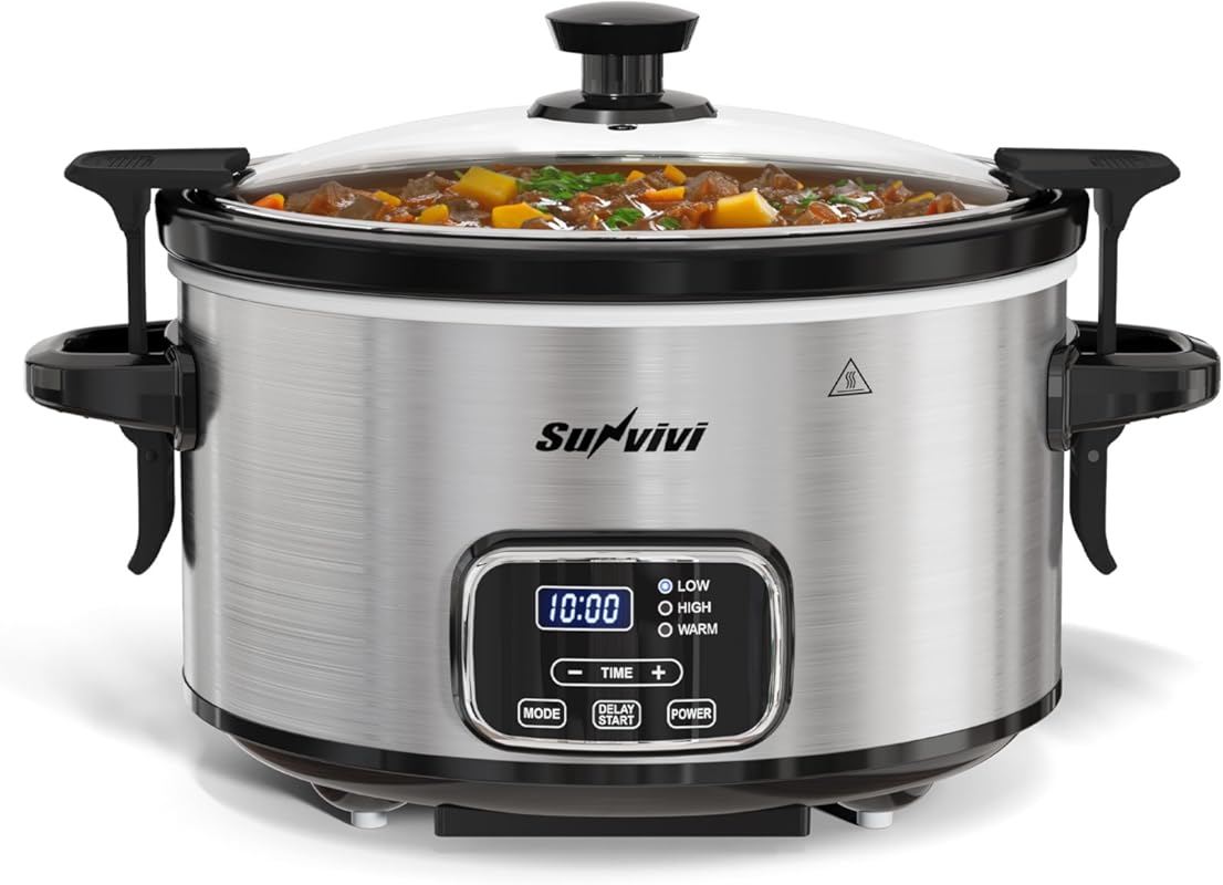 Sunvivi 4QT Programmable Slow Cooker with Locking Lid, 3 Heat Settings