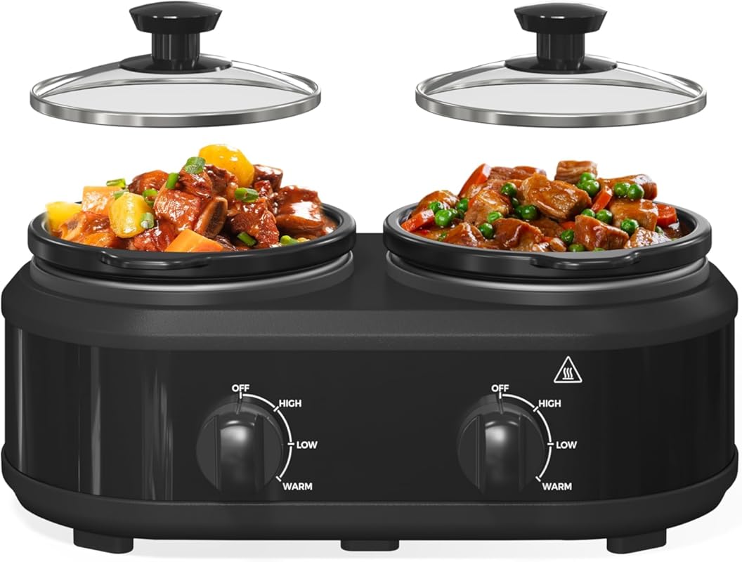 Double Slow Cooker: 2x 1.25 QT Portable Dual Pots, Buffet Server, Dish