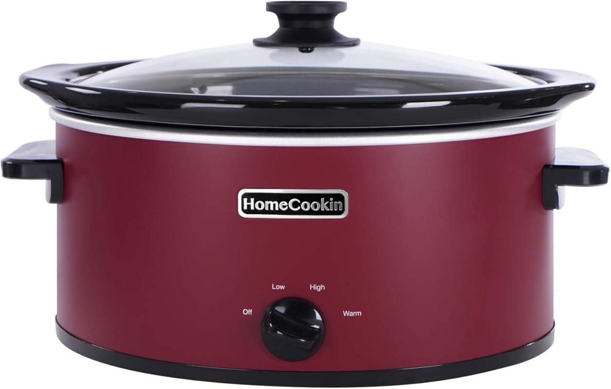 Homecookin 7 Quart Oval Slow Cooker Food Warmer, 3 Settings, Red Stain