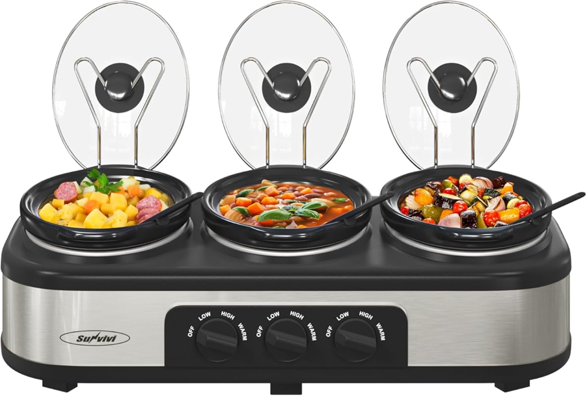 Sunvivi Triple Slow Cooker Buffet Server with 10 Liners, Adjustable Te