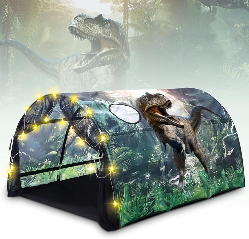 Dinosaur Kids Bed Tent - Foldable Twin Play Space with String Lights, 