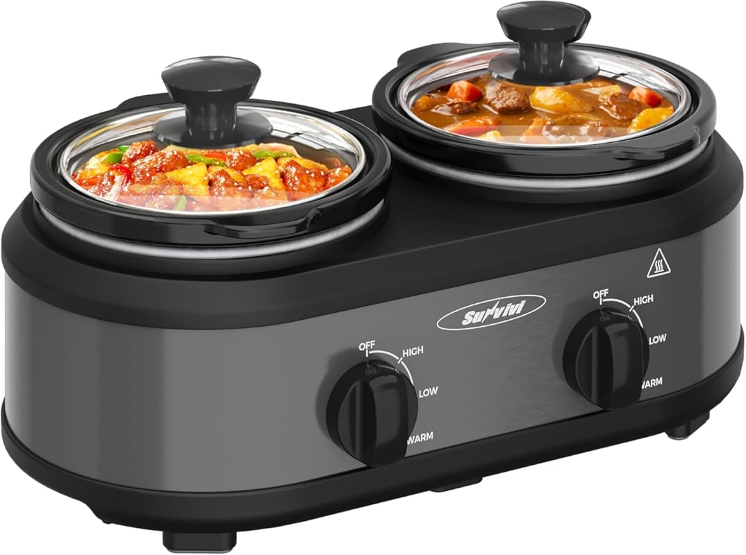 Sunvivi Dual Slow Cooker Buffet Server, 2 x 1.25 QT Ceramic Pots, Adju