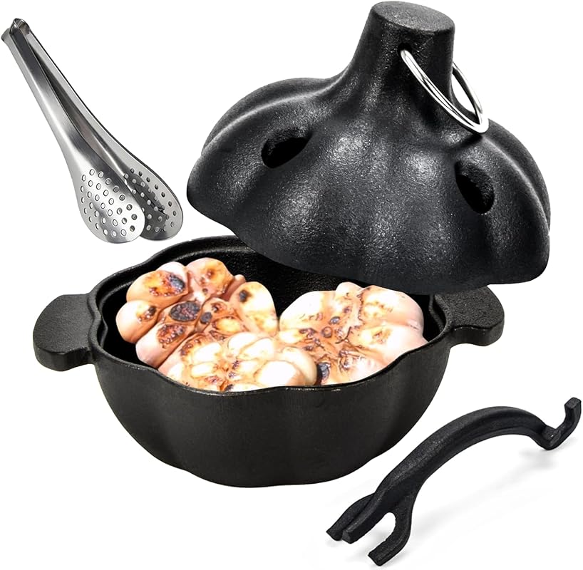 Cast Iron Garlic Roaster Pot with Handle for Oven or BBQ Grill - Perfe