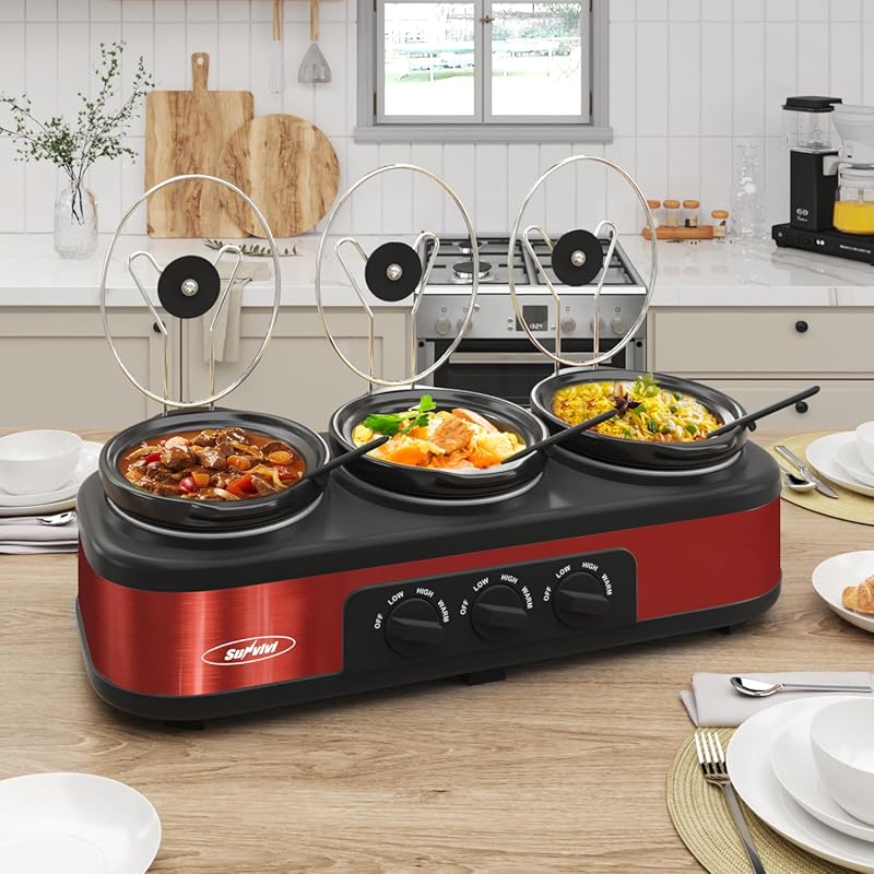 Sunvivi Triple Slow Cooker Buffet Server Warmer, 3x1.5QT Ceramic Pots,