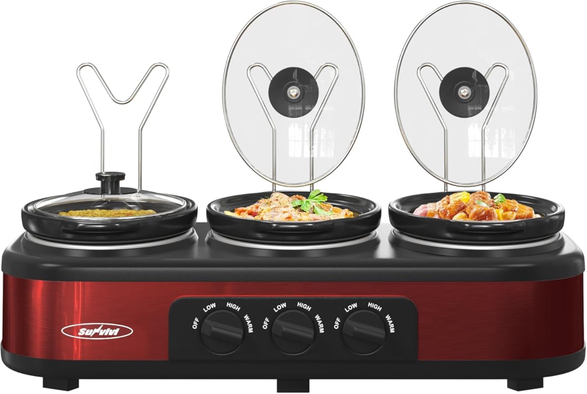 Sunvivi Triple Slow Cooker Buffet Server with 3 Removable Ceramic Pots
