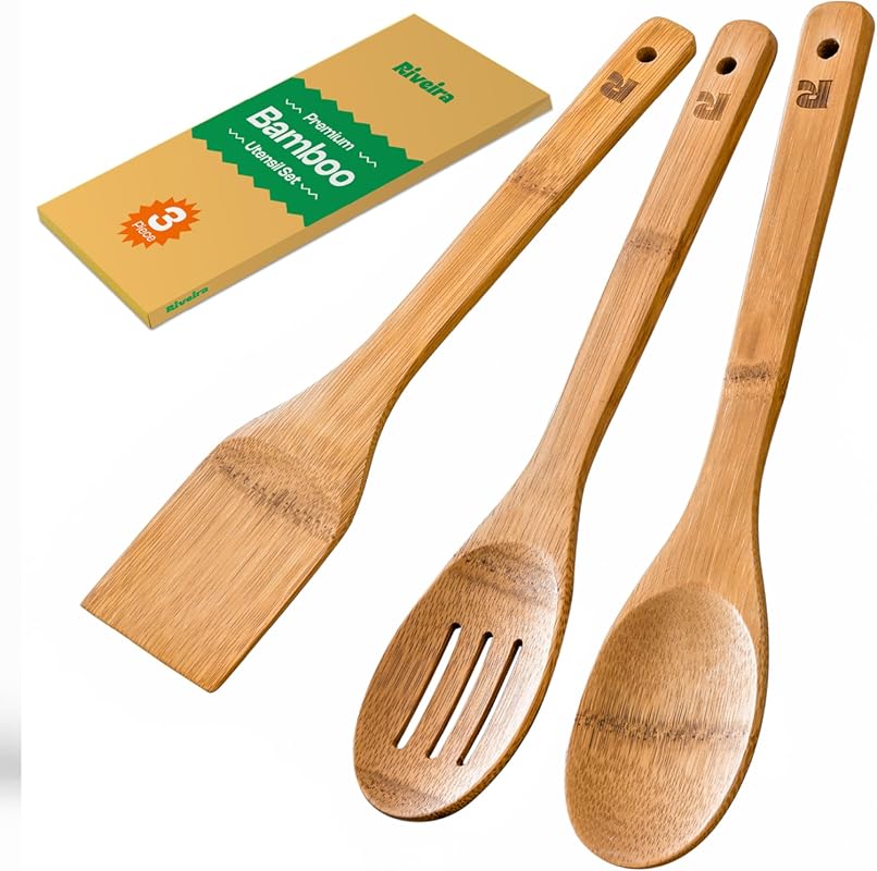 Riveira 3-piece dark bamboo cooking spoon and spatula set for apartmen