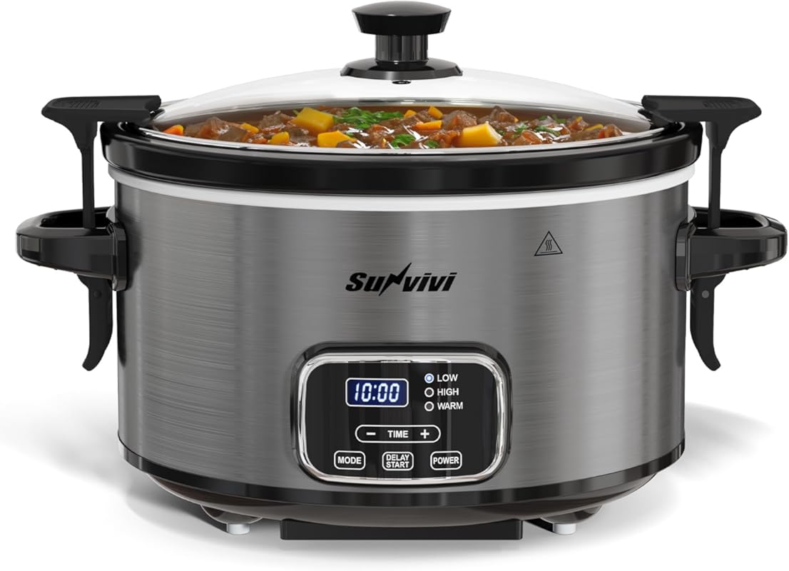 Sunvivi 4 Quart Programmable Slow Cooker with Locking Lid, Grey, Ceram