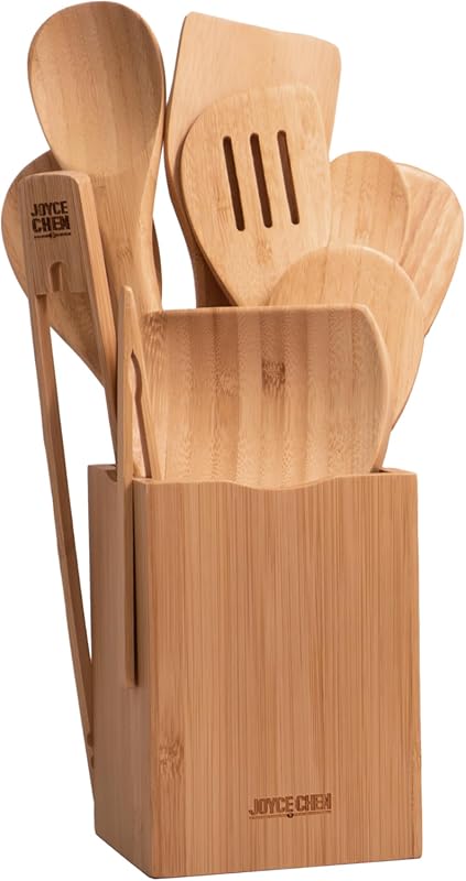 Burnished Bamboo Cooking Utensil Set for Slow Cookers with Holder and