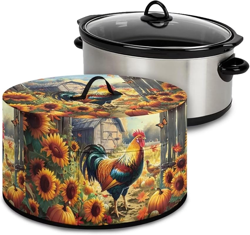 Rooster Sunflower Pumpkin Print Slow Cooker Dust Cover Compatible with