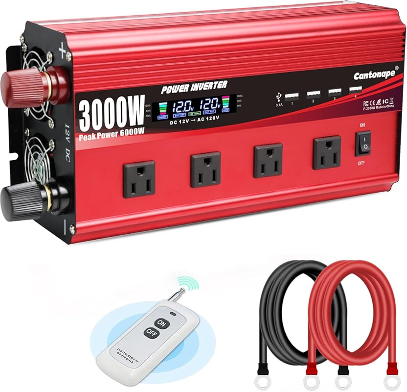 3000W Power Inverter 12V DC to 110V AC, LCD, Remote, Multi-Outlets for