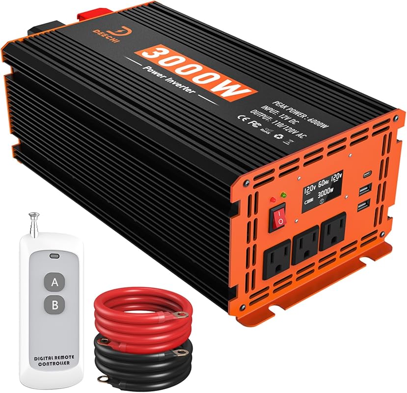 3000W Power Inverter 12V to 110V AC, USB-C, Remote, LCD, Multiple Outl