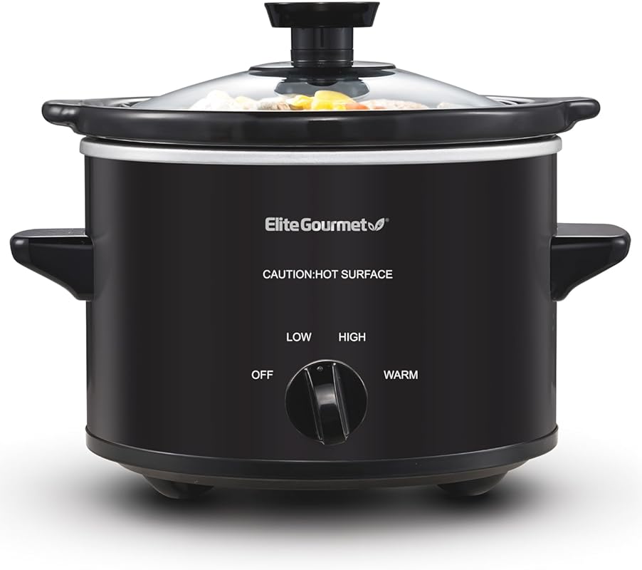 Elite Gourmet 1.5 Quart Electric Slow Cooker, Black, Adjustable Temp, 