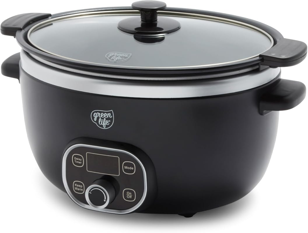GreenLife 8QT Ceramic Nonstick Slow Cooker: Programmable, Keep Warm, S