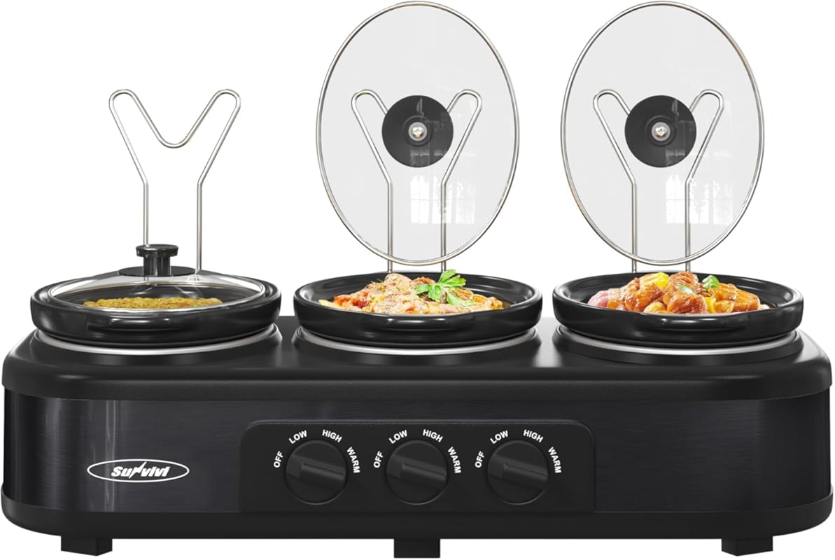 Triple Slow Cooker Buffet Server & Warmer, 3 x 1.5 Qt Ceramic Pots, St