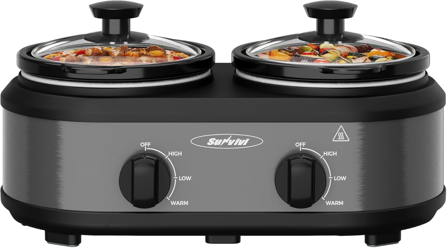 Dual 1.25 QT Slow Cooker Buffet Server, 3 Temp Settings, Removable Cer