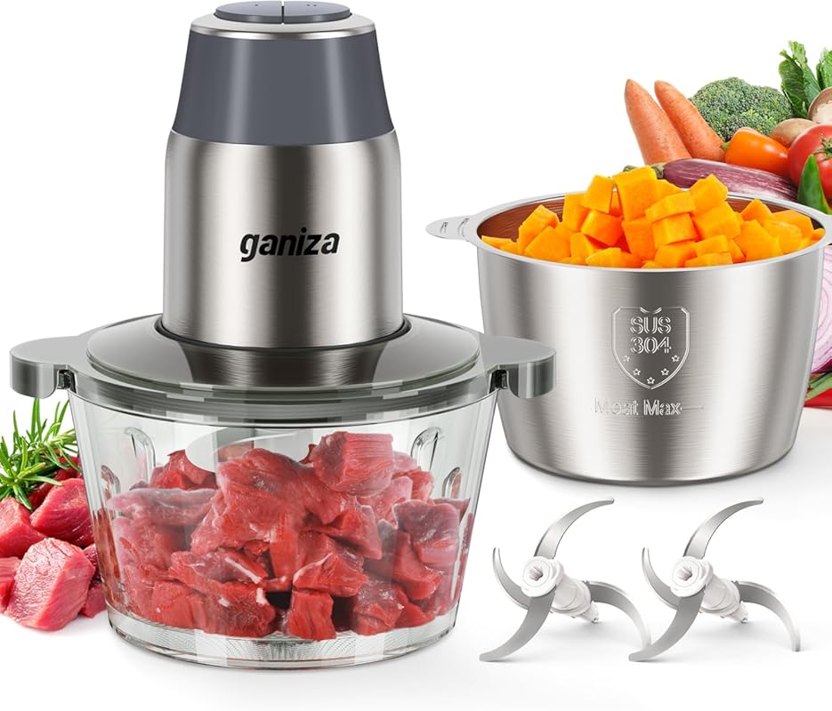 GANIZA 450W Electric Food Chopper: Dual 8-Cup Bowls, Meat/Veggie Grind