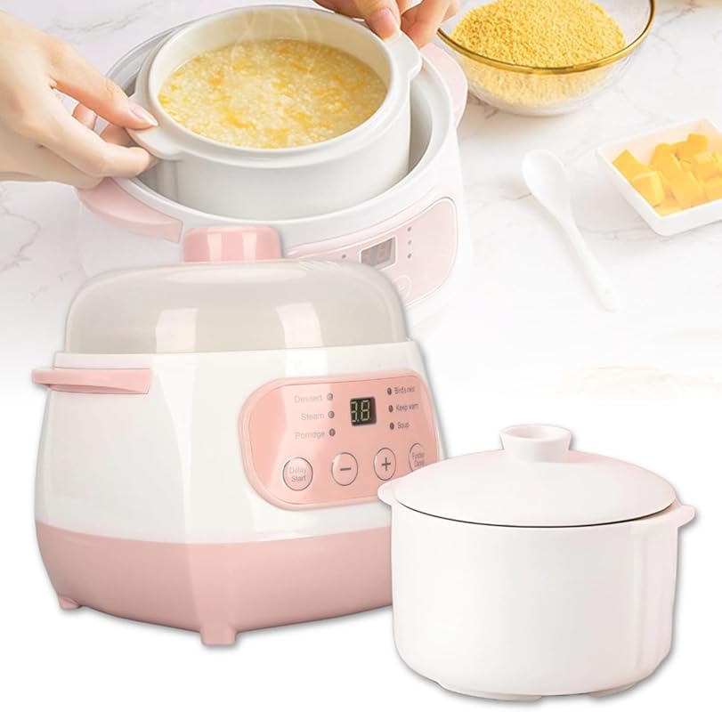 1L Mini Smart Ceramic Slow Cooker for Soup & Porridge, 24H Reservation